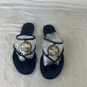 Gucci Women's GG Cage Thong Leather Flat Sandals Comfort Blue Size 9